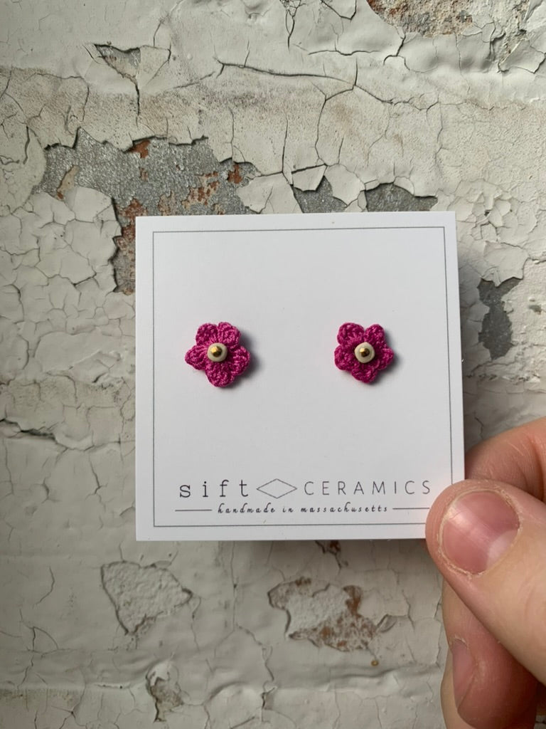 Crochet Flower Studs with 22k Gold Ceramic Bead